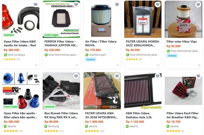 Ilustrasi pencarian filter udara K&amp;N di salah satu toko online.