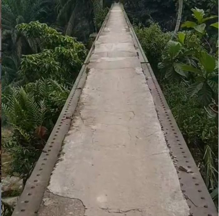 Penampakan jembatan Simanjah di Simalungun, Sumatera Utara yang lebarnya cuma 1 meter tanpa pagar pelindung