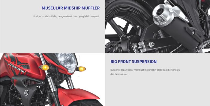 Knalpot model midship dengan desain baru Yamaha Byson FI dan memiliki suspensi depan besar .