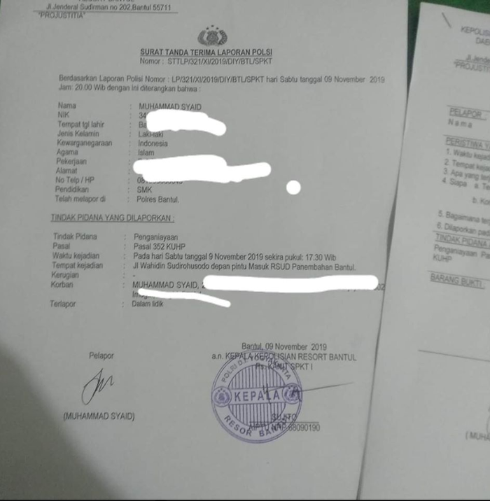 Surat laporan pelapor terhadap pengendara Yamaha V-Ixion