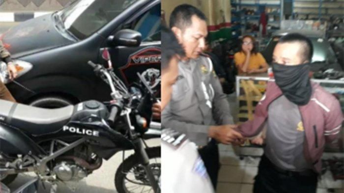 Kolase foto polisi gadungan melengkapinya dengan atribut berbau polisi. Pelaku beraksi di bilangan Flyover Ciputat, Tangerang Selatan, Rabu (13/11/2019) siang. (TribunJakarta.com/Jaisy Rahman Tohir)