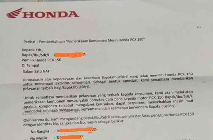 Contoh surat recall yang diterima pemilik Honda PCX 150