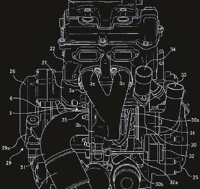 Sketsa mesin Suzuki dilihat dari depan