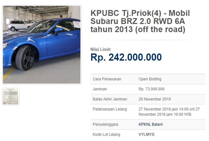 Subaru BRZ 2.0 yang dilelang pada situs lelang.go.id