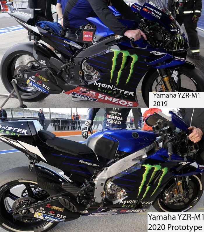 Perbedaan YZR-M1 tahun 2019 (atas) dan 2020 (bawah)