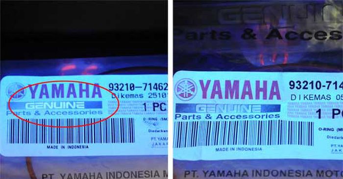Label produk suku cadang Yamaha asli (kiri) dan palsu (kanan)