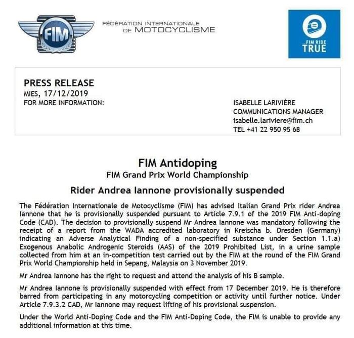 Andrea Iannone resmi diskors karena penyalahgunaan obat doping.