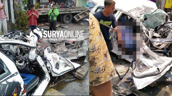 Kondisi Daihatsu Ayla yang ringsek setelah dihempas truk bermuatan alat berat
