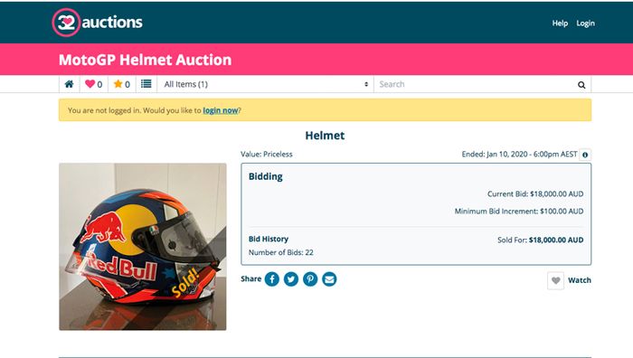 Lelang helm AGV Pista GP R yang dipakai Jack MIller di MotoGP Austria 2018 resmi terjual dengan nilai Rp 170,5. Sekaligus proses lelang helm itu resmi ditutup