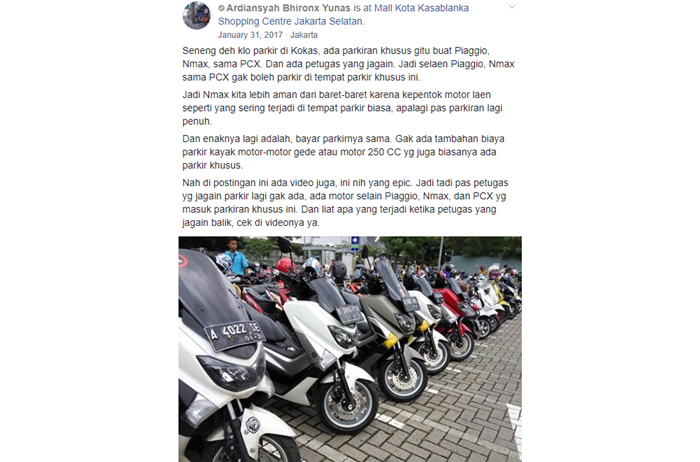 Postingan soal parkiran khusus Yamaha NMAX