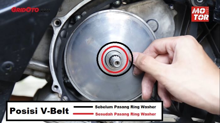 Perbandingan posisi V-belt Yamaha Lexi setelah pasang ring washer pulley punya Yamaha Mio 