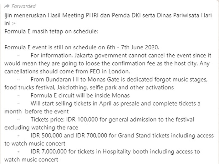Isi pesan WhatsApp yang berisi detail harga dan jadwal penjualan tiket Formula E Jakarta