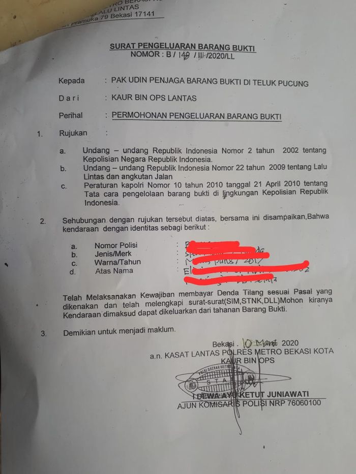 Surat Pengambilan Barang Bukti menjadi syarat pengambilan motor sitaan.