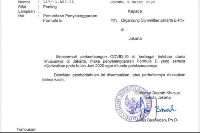 Surat permohonan Anies Baswedan kepada Oganizing Comitee Jakarta E-Prix