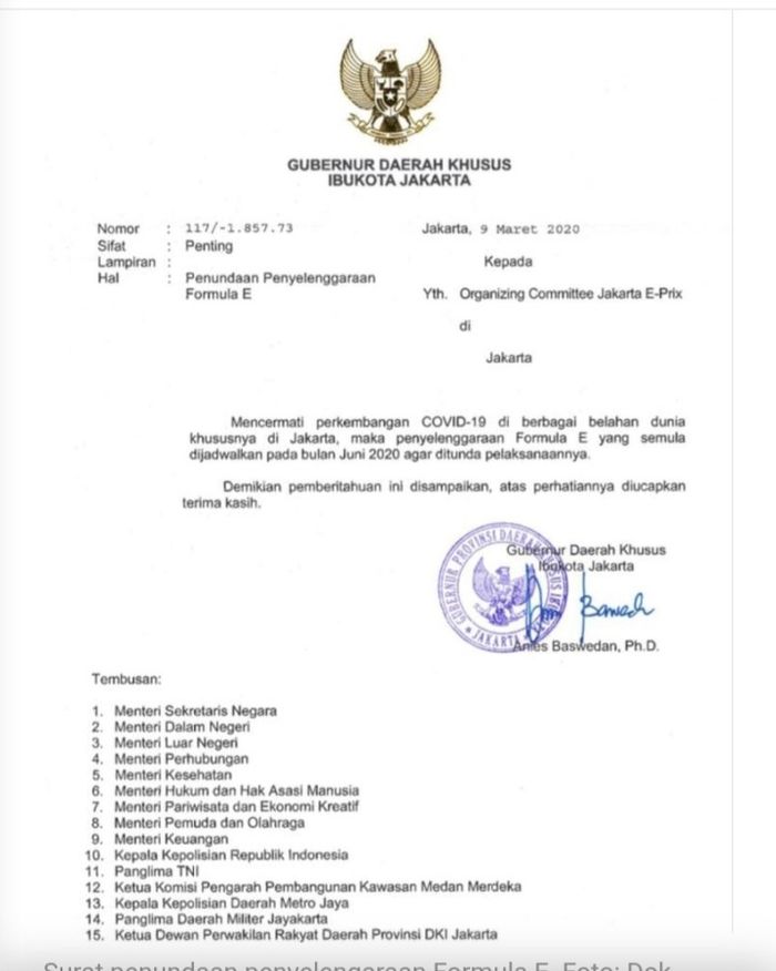 Surat yang dilayangkan Anies Baswedan kepada OC Formula E Jakarta mengenai penundaan ajang balap mobil listrik formula tersebut.