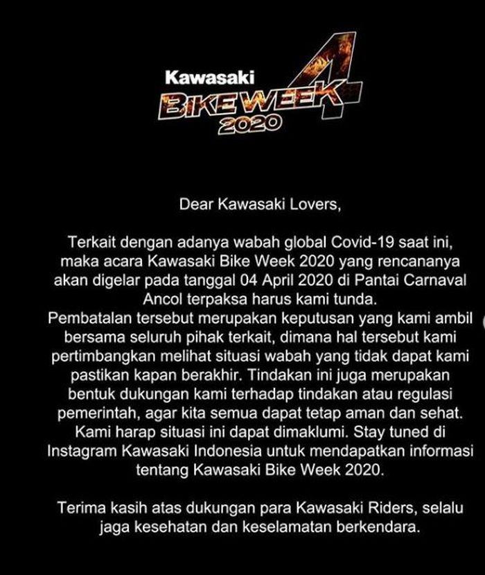 Pengumuman penundaan ajang Kawasaki Bike Week 2020