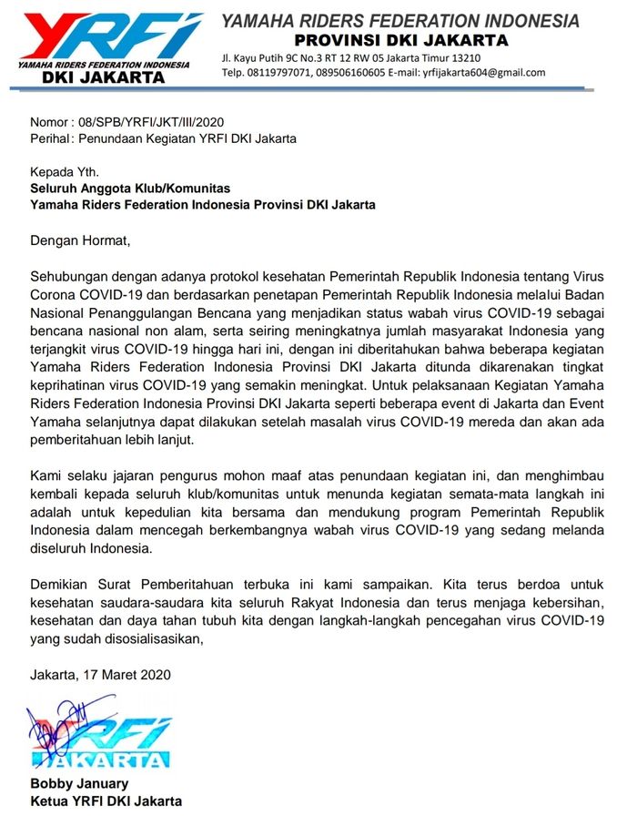 Surat edaran resmi dari YRFI DKI Jakarta