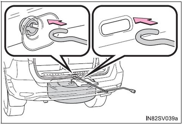 Ilustrasi memasukkan handle dongkrak pada sekrup penurun ban serep pada Toyota Fortuner