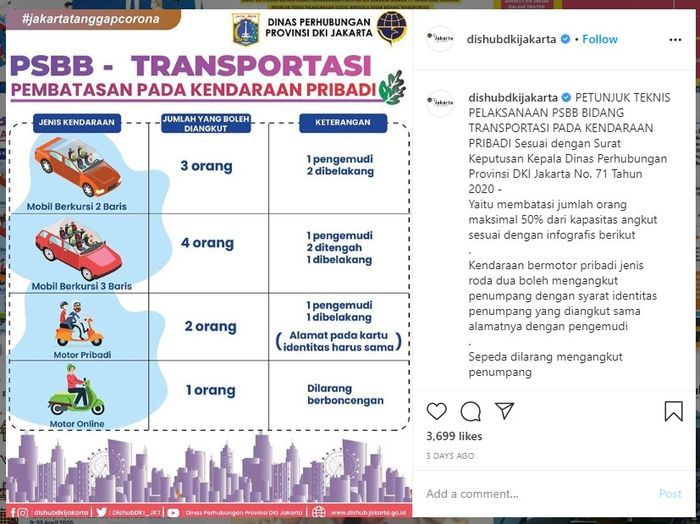 Unggahan Dishub DKI Jakarta mengenai pengaturan posisi duduk mobil pribadi jenis sedan dan MPV serta motor