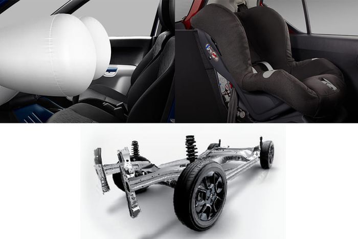 Dual supplemental restraint system (SRS) Airbag, ISOFIX, dan sasis platform HEARTECT. 