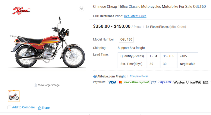 Tangkapan layar harga Xcross CGL150 di Alibaba.com