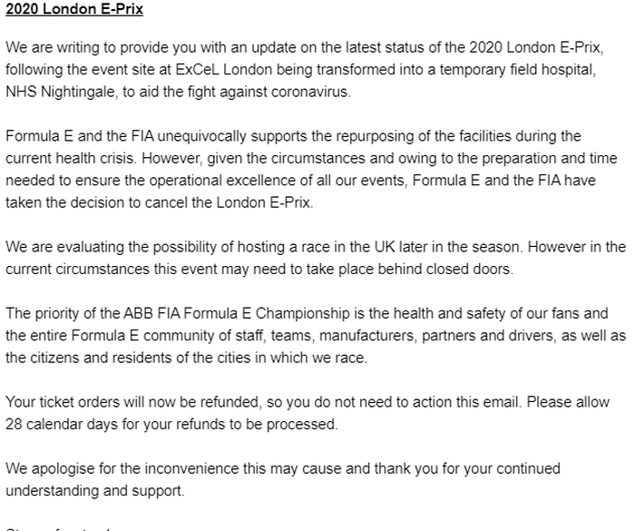 Surat yang  ditujukan pada para pemegang tiket yang mengumumkan pembatalan balap Formula E yaitu E-Prix London.