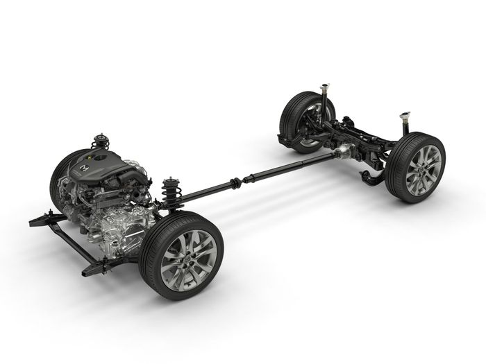 Ilustrasi sistem penggerak roda depan dengan mesin di depan pada mobil