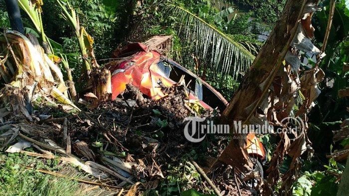 Daihatsu Ayla terjun terbing, nyaris hanyut namun terselamatkan karena tersangkut pohon pisang