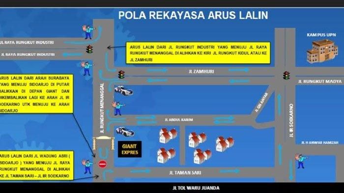 Rekayasa lalu lintas selama Jalan Rungkut Menanggal, Surabaya ditutup sementara.