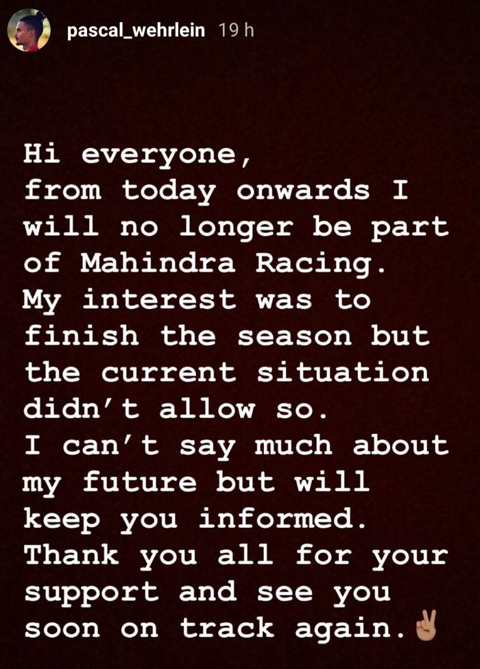 Instagram Story di akun pribadi Pascal Wehrlein yang mengumumkan kemundurannya dari tim Formula E Mahindra