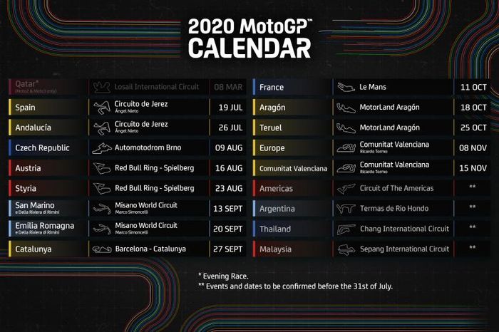 Ilustrasi. Akhirnya keluar juga jadwal MotoGP 2020 dimulai di sirkuit Jerez (Spanyol), 19 Juli 2020. Masih ada 4 ronde yang masih nunggu tanggal gelarannya