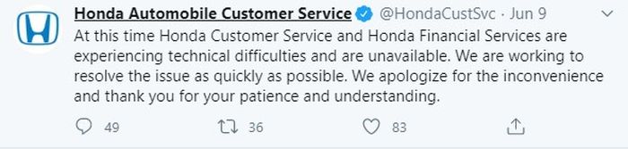 Isi cuitan Honda Global dalam akun Twitter resmi Honda Automobile Customer Service @HondaCustSvc