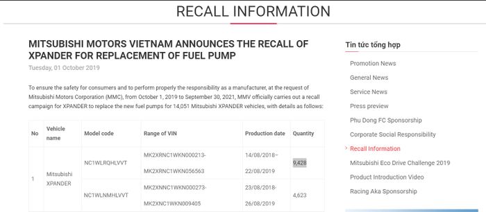 Pengumuman recall Mitsubishi Xpander di Vietnam