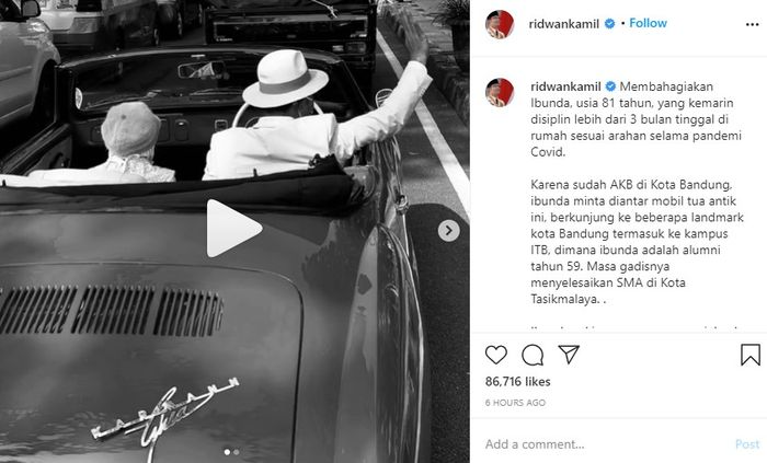 Unggahan video Gubernur Jawa Barat, Ridwan Kamil saat mengajak sang bunda, Tjutju Sukaesih keliling Kota Bandung menggunakan mobil antik