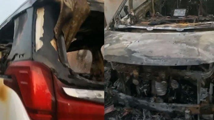 Kondisi mobil Toyota Alphard milik Via Vallen yang dibakar orang di Sidoarjo, Selasa (30/6/2020)  dini hari.