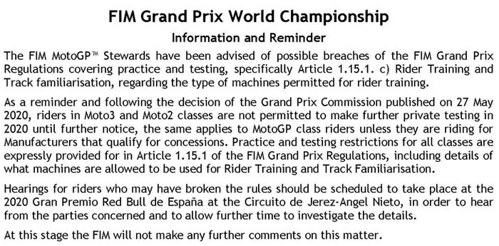 Surat dari Federasi Internasional Balap Motor ditujukan kepada Fabio Quartararo perihal latihan motor naik motor spek balap