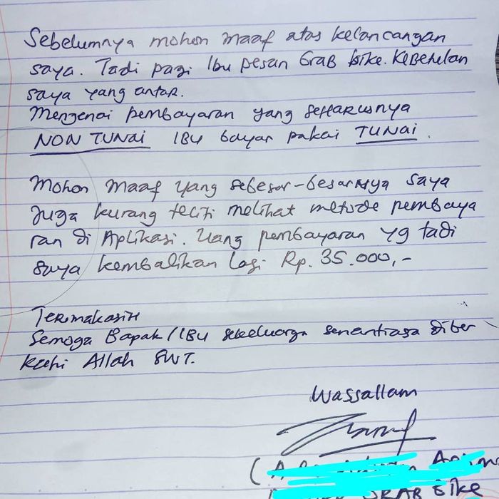 Viral driver ojol kembalikan uang penumpang lewat surat. (Instagram)