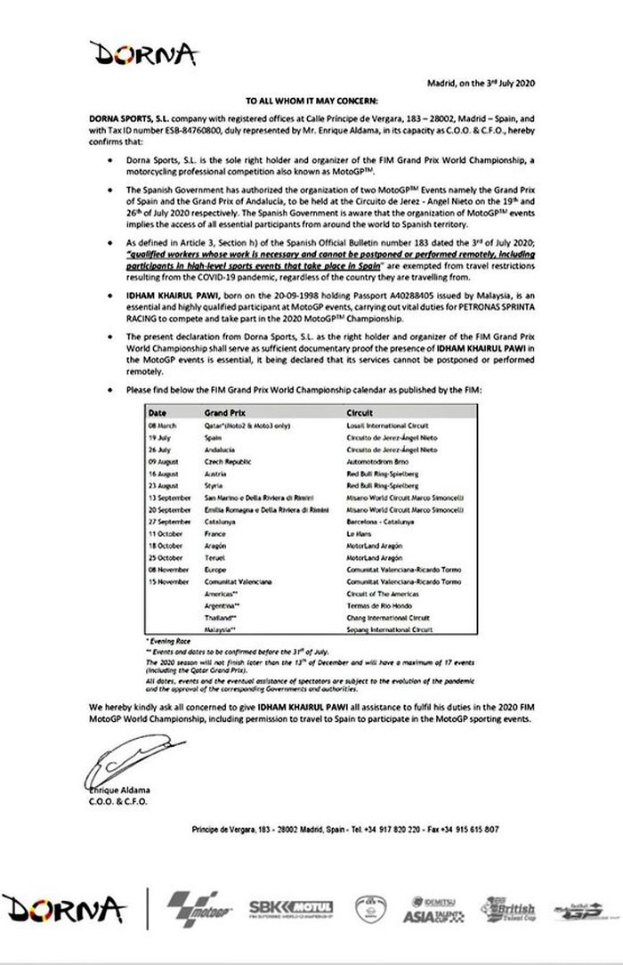 Surat sakti dari Dorna Sports untuk membantu para pembalap MotoGP dari luar Eropa untuk masuk ke Spanyol demi MotoGP Spanyol 2020 di sirkuit Jerez, 19 Juli