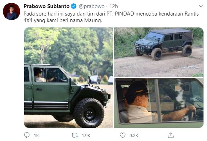 Aksi Prabowo Subianto saat menjajal Rantis 4X4 