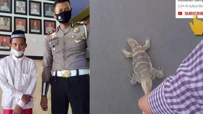 Abdulloh (13) saat berada di Mapolres Sampang, Madura, Senin (13/7/2020) dan biawak yang diseret Abdullah di Jalan Raya. 