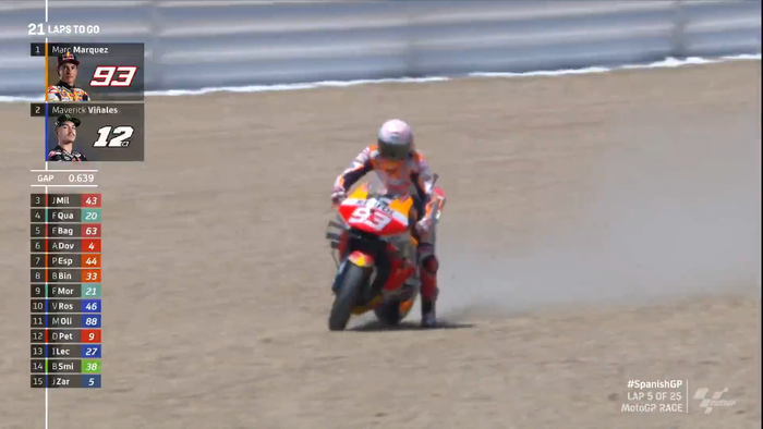 Marc Marquez melebar ke gravel usai melakukan save di lap kelima