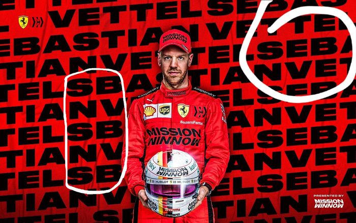 Ejaan salah dan benar pada wallpaper Sebastian Vettel yang dibagikan akun Twitter Scuderia Ferrari