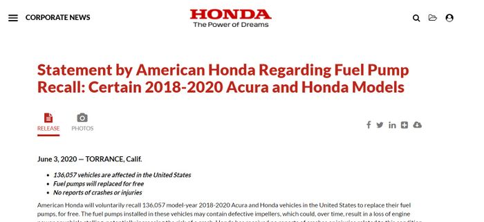 Pengumuman recall fuel pump oleh Honda di Amerika Serikat