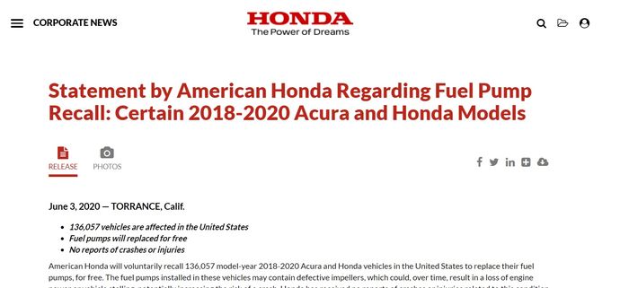 Pengumuman recall fuel pump oleh Honda di Amerika Serikat