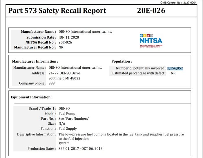 Safety recall DENSO International America, Inc di situs NHTSA