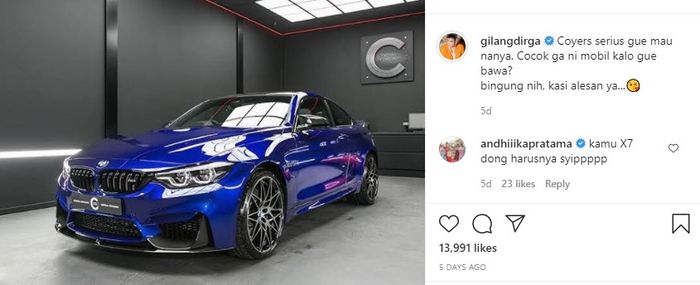 Gilang Dirga menggunggah foto BMW yang ingin dibelinya