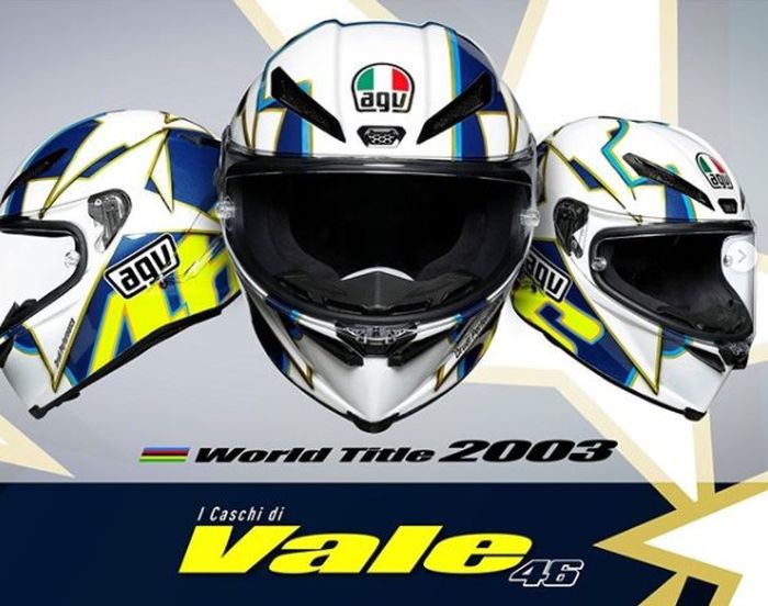 tampilan AGV Pista GP RR ECE-DOT Limited Edition World Title 2003, replika helm Valentino Rossi pada Grand Prix Sepang 2003
