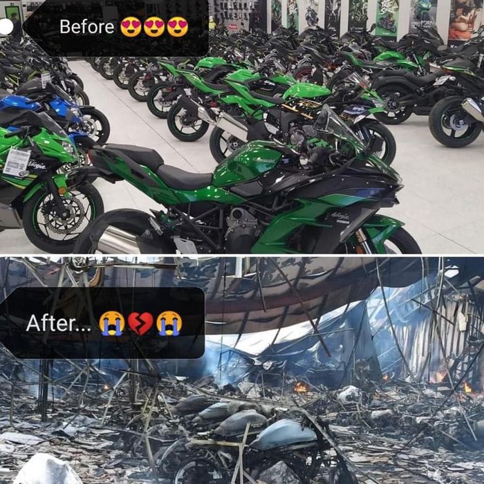 foto kondisi dealer Kawasaki di Spanyl sebelum dan sesudah terjadinya kebakaran 