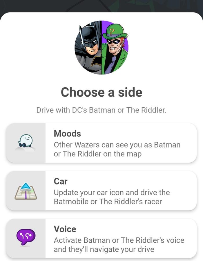 Aplikasi penunjuk jalan, Waze tampilan ikon superhero Batman dan pahlawan The Riddler