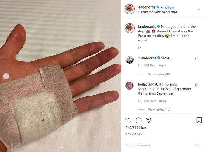 Lando Norris mengunggah tangan kirinya yang terluka dan harus diperban